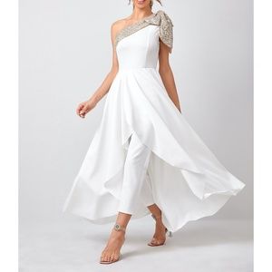 White Gold Sequin Bow One Shoulder Cape Jumpsuit